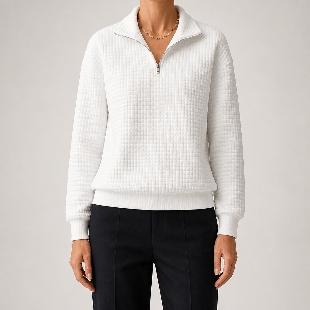 Nanette | Womens Quarter Zip Sweater Waffle Knit Longline Pullover Sweatshirt, White
