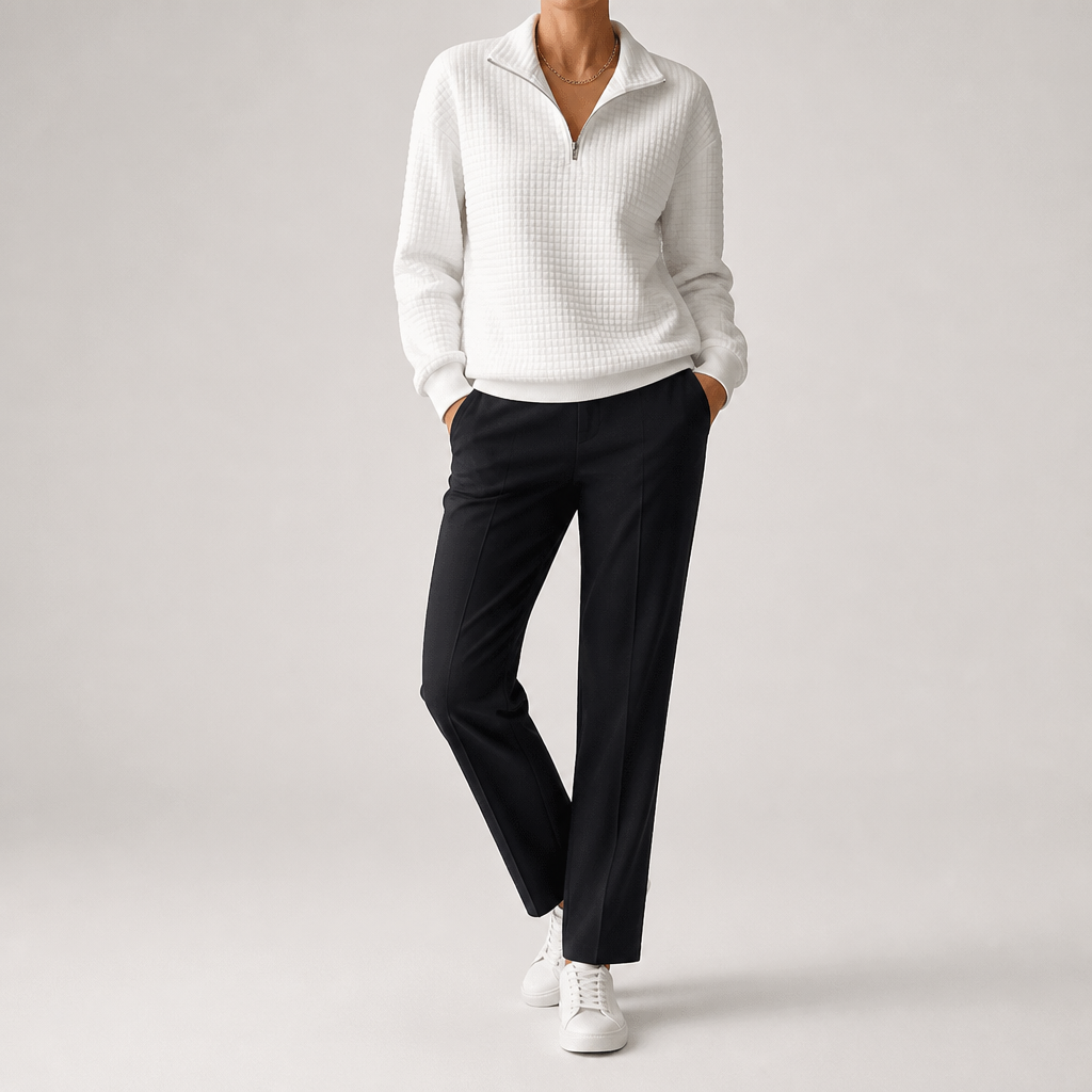 Nanette | Womens Quarter Zip Sweater Waffle Knit Longline Pullover Sweatshirt, White