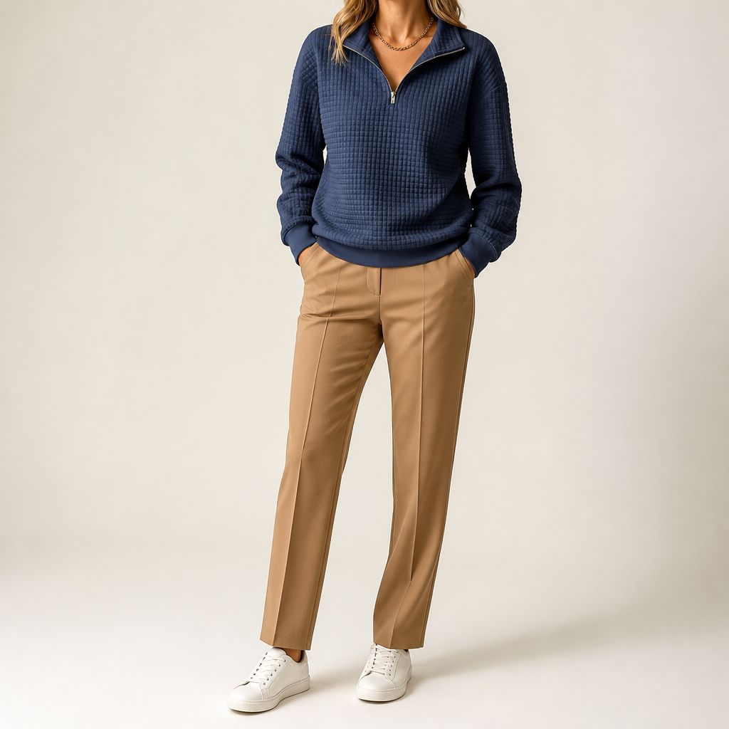 Nanette | Womens Quarter Zip Sweater Waffle Knit Longline Pullover Sweatshirt, Navy
