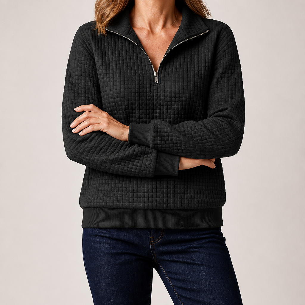 Nanette | Womens Quarter Zip Sweater Waffle Knit Longline Pullover Sweatshirt, Black