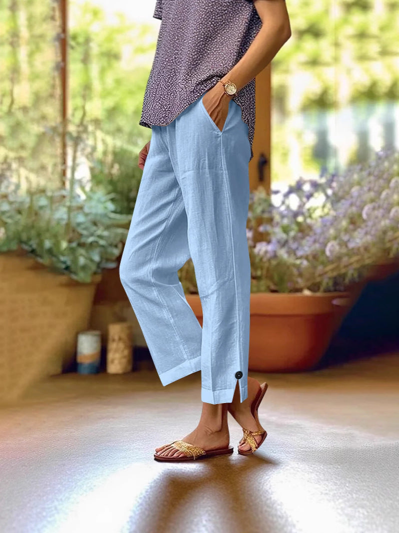 Naomi | Womens Cotton Linen Elastic Waist Pull On Cropped Pants