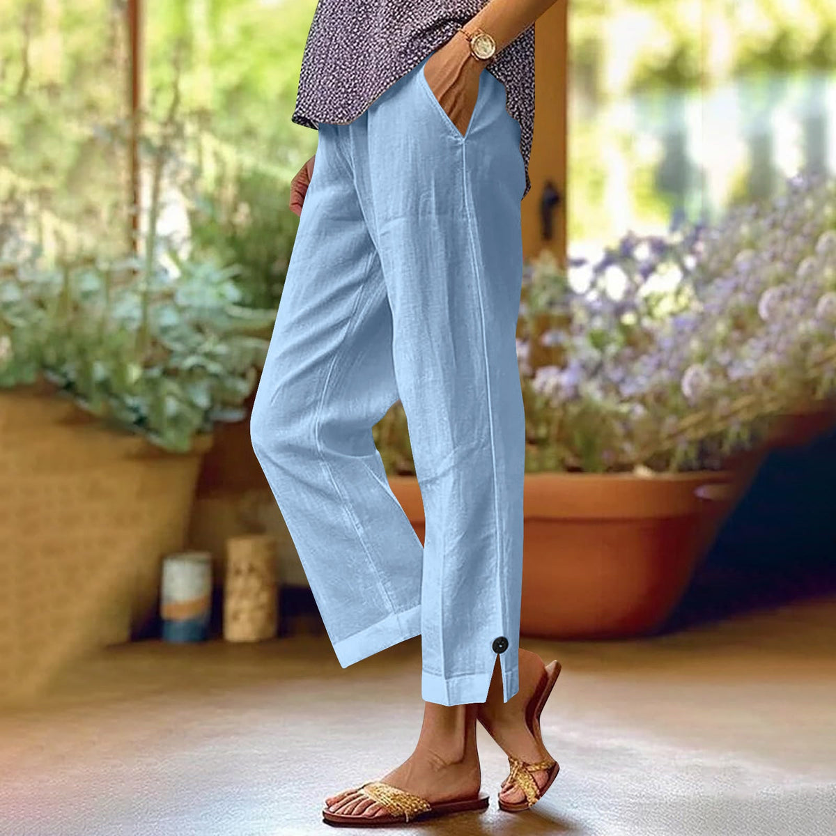 Naomi | Womens Cotton Linen Elastic Waist Pull On Cropped Pants