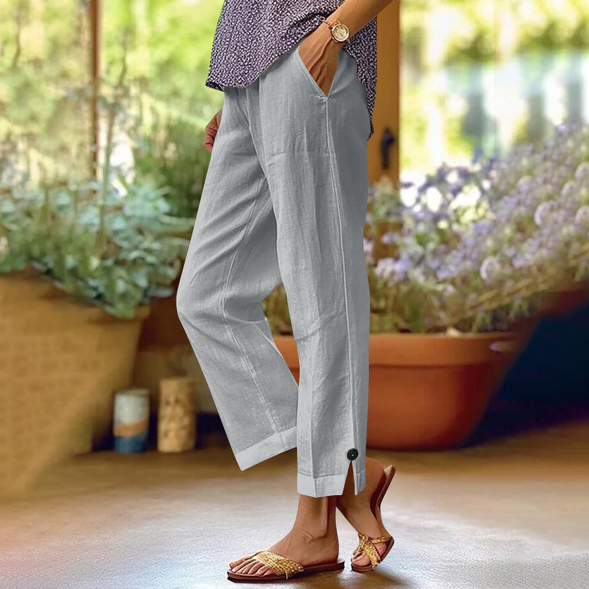 Naomi | Womens Cotton Linen Elastic Waist Pull On Cropped Pants