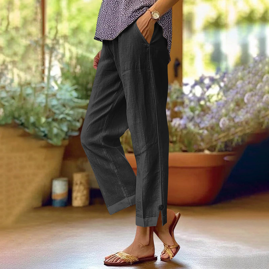 Naomi | Womens Cotton Linen Elastic Waist Pull On Cropped Pants
