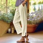 Naomi | Womens Cotton Linen Elastic Waist Pull On Cropped Pants
