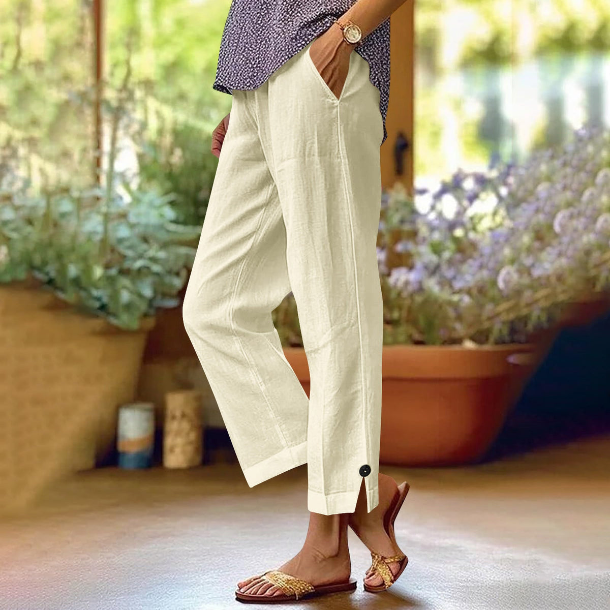 Naomi | Womens Cotton Linen Elastic Waist Pull On Cropped Pants