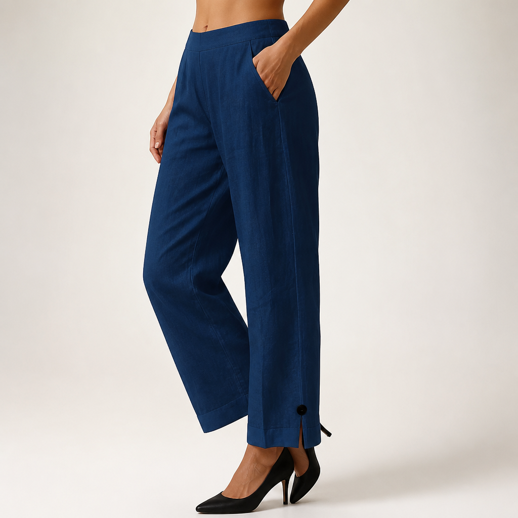 Naomi | Womens Cotton Linen Elastic Waist Pull On Cropped Pants, Blue