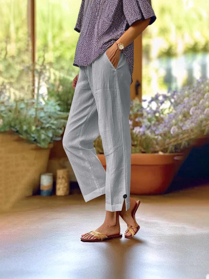 Naomi | Womens Cotton Linen Elastic Waist Pull On Cropped Pants