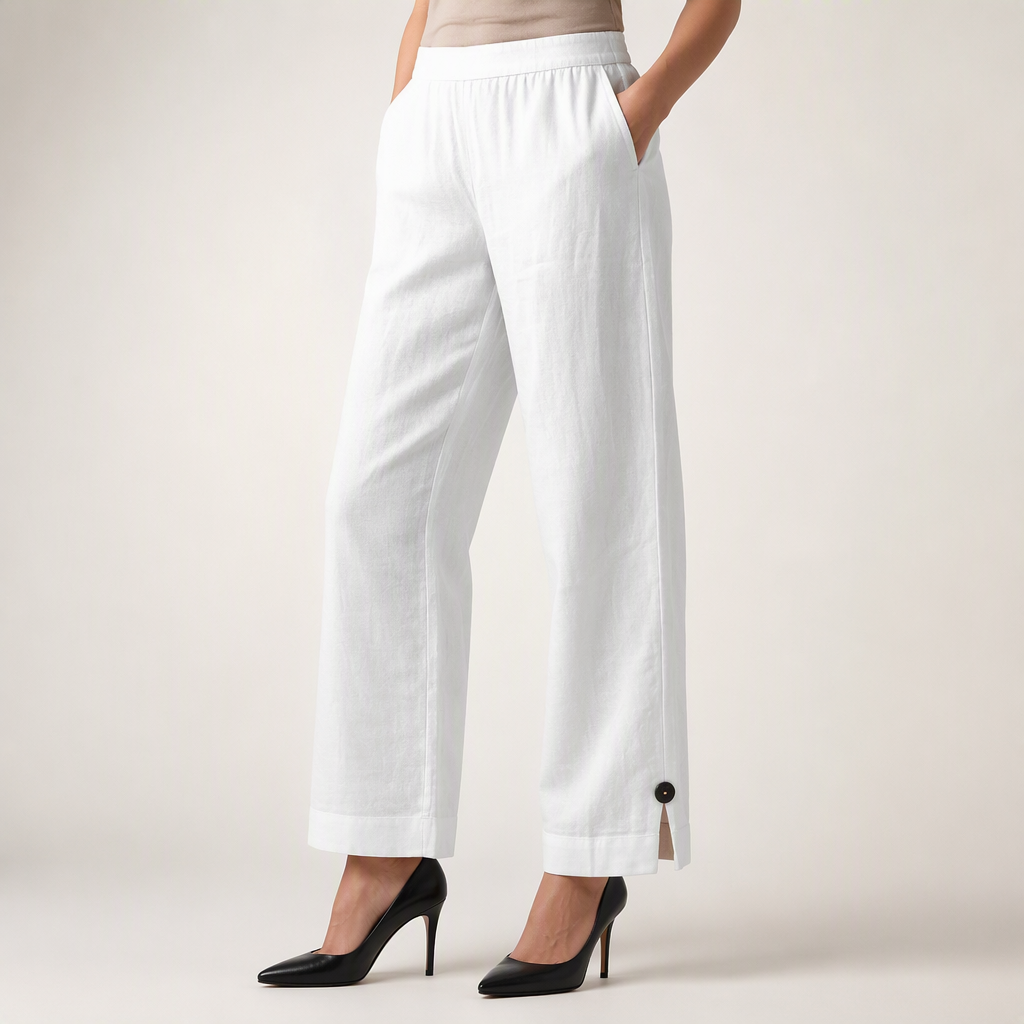 Naomi | Womens Cotton Linen Elastic Waist Pull On Cropped Pants, White