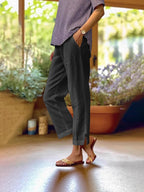 Naomi | Womens Cotton Linen Elastic Waist Pull On Cropped Pants