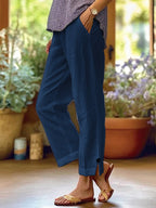 Naomi | Womens Cotton Linen Elastic Waist Pull On Cropped Pants