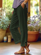 Naomi | Womens Cotton Linen Elastic Waist Pull On Cropped Pants