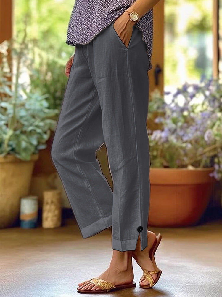 Naomi | Womens Cotton Linen Elastic Waist Pull On Cropped Pants