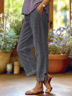 Naomi | Womens Cotton Linen Elastic Waist Pull On Cropped Pants