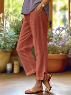Naomi | Womens Cotton Linen Elastic Waist Pull On Cropped Pants