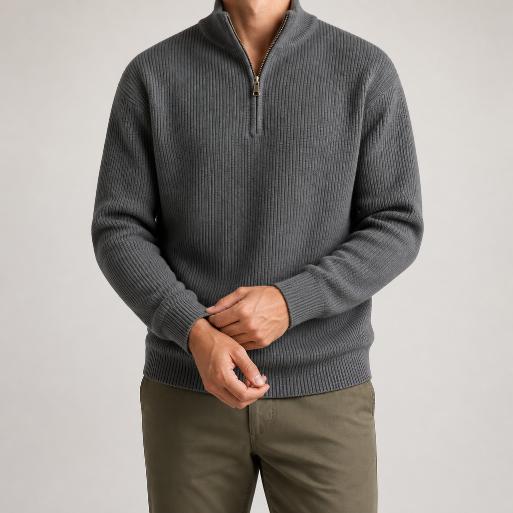Nate | Mens Half Zip Sweater Knit Wool Long Sleeve Pullover, Grey