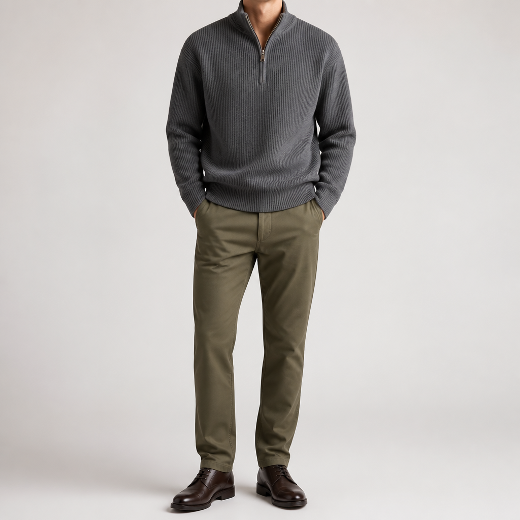 Nate | Mens Half Zip Sweater Knit Wool Long Sleeve Pullover, Grey