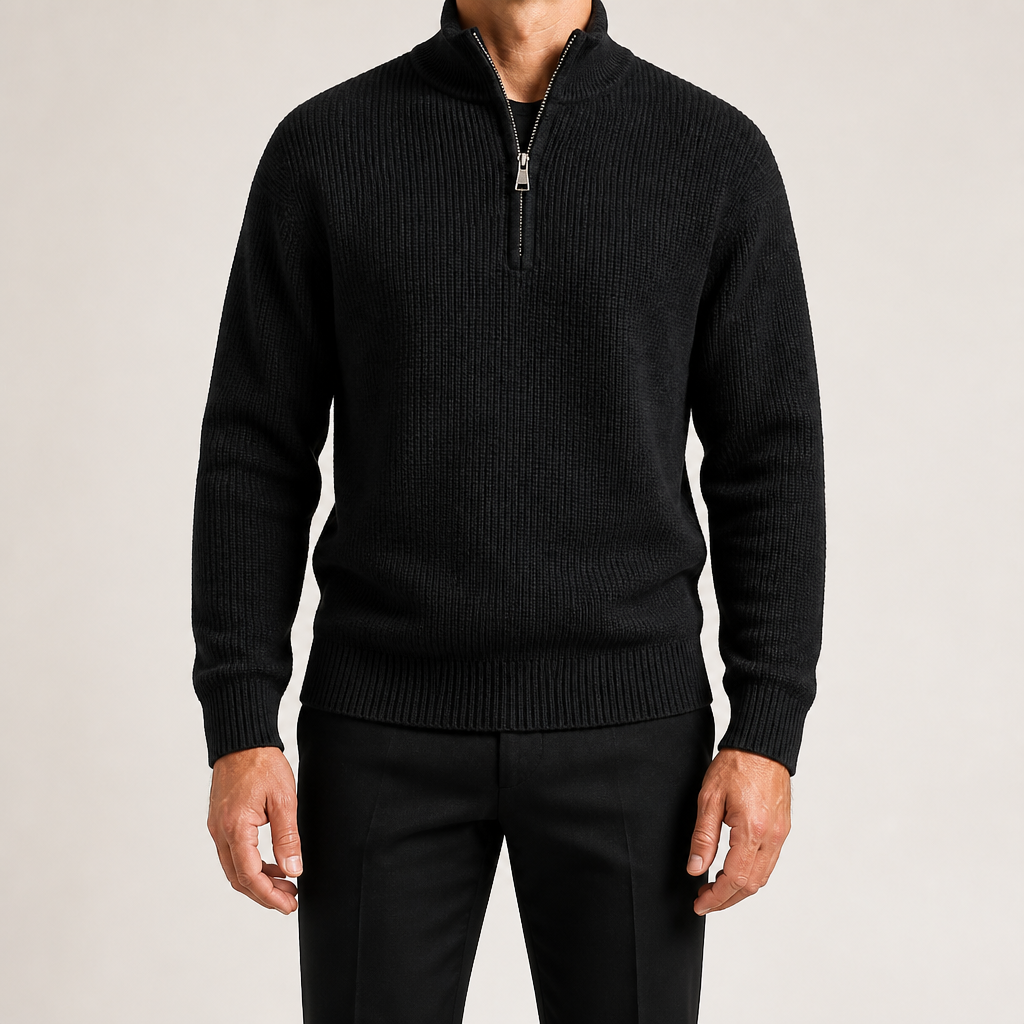 Nate | Mens Half Zip Sweater Knit Wool Long Sleeve Pullover, Black