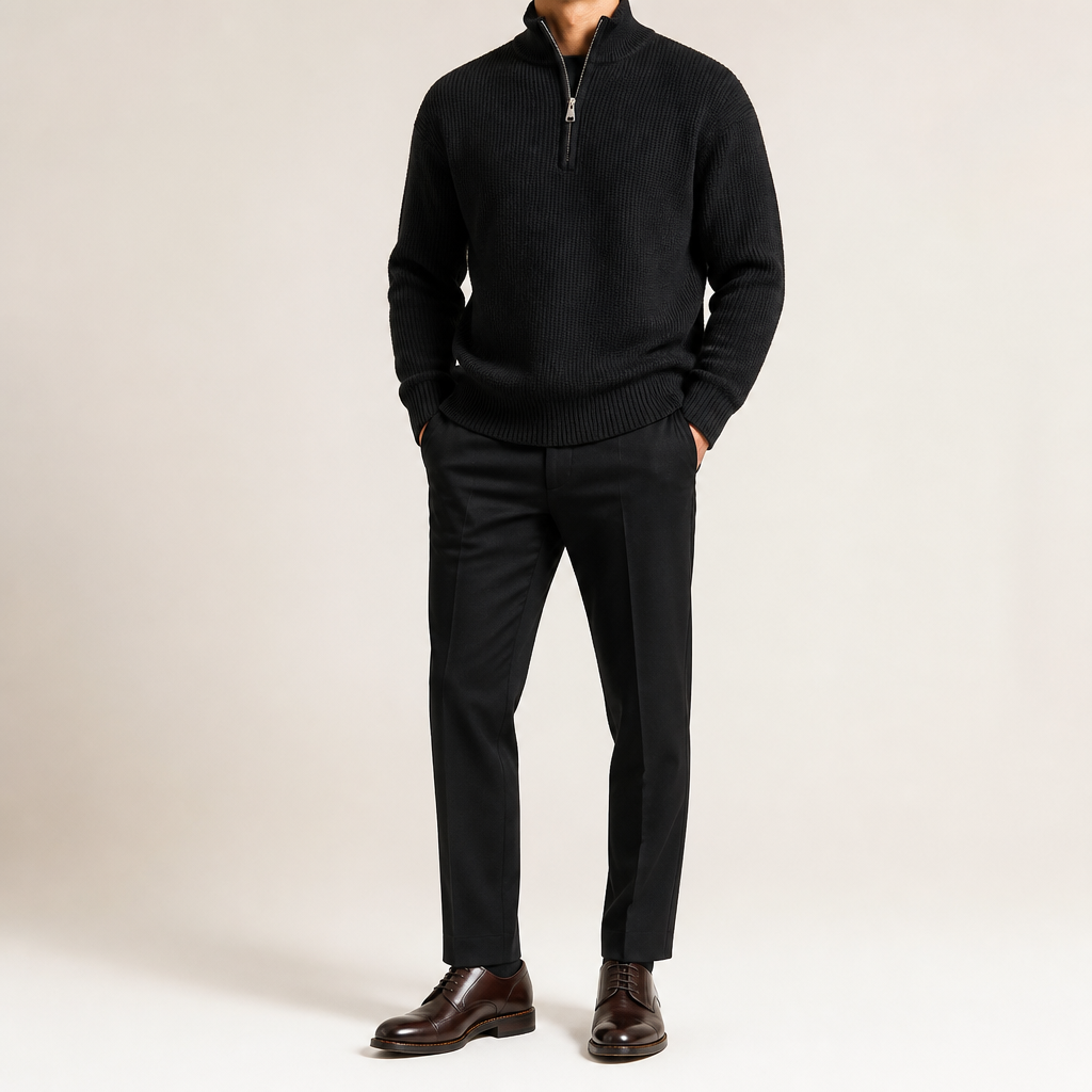 Nate | Mens Half Zip Sweater Knit Wool Long Sleeve Pullover, Black