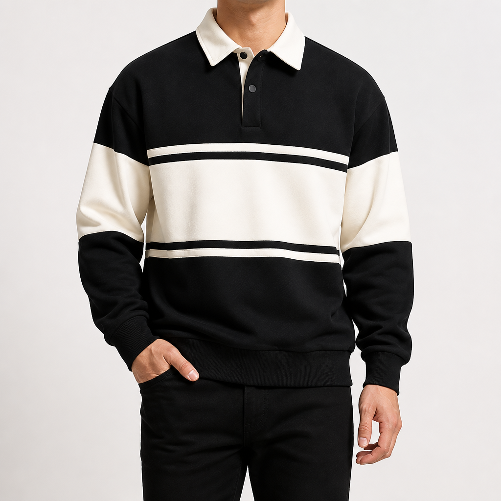 Nicholas | Mens Striped Double Zip Sweatshirt Pique Turn Down Collar Jacket, Black