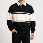 Nicholas | Mens Striped Double Zip Sweatshirt Pique Turn Down Collar Jacket, Black