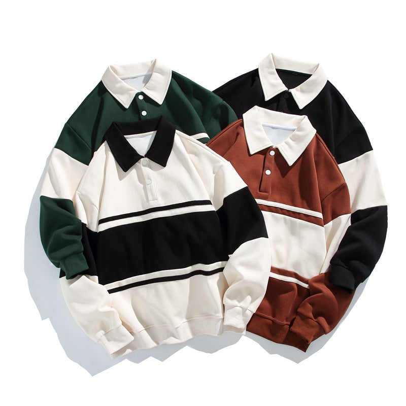 Nicholas | Mens Striped Double Zip Sweatshirt Pique Turn Down Collar Jacket