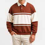 Nicholas | Mens Striped Double Zip Sweatshirt Pique Turn Down Collar Jacket, Brown