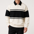 Nicholas | Mens Striped Double Zip Sweatshirt Pique Turn Down Collar Jacket, Cream