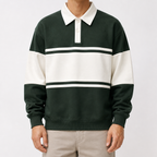 Nicholas | Mens Striped Double Zip Sweatshirt Pique Turn Down Collar Jacket, Dark Green