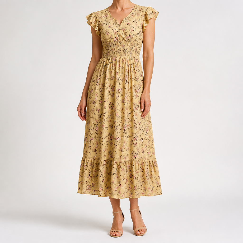 Noreen | Womens Floral Wedding Guest V Neck A Line Maxi Summer Dress, Yellow