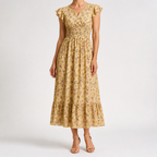 Noreen | Womens Floral Wedding Guest V Neck A Line Maxi Summer Dress, Yellow