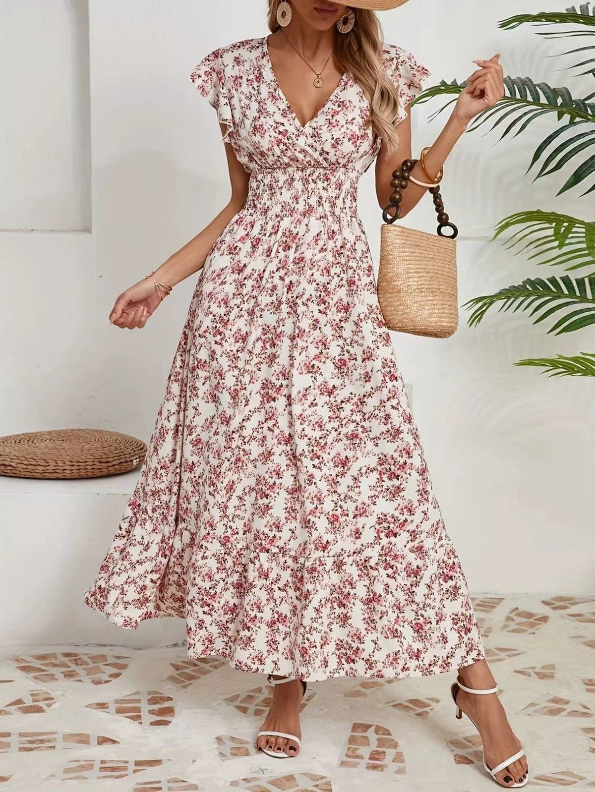 Noreen | Womens Floral Wedding Guest V Neck A Line Maxi Summer Dress