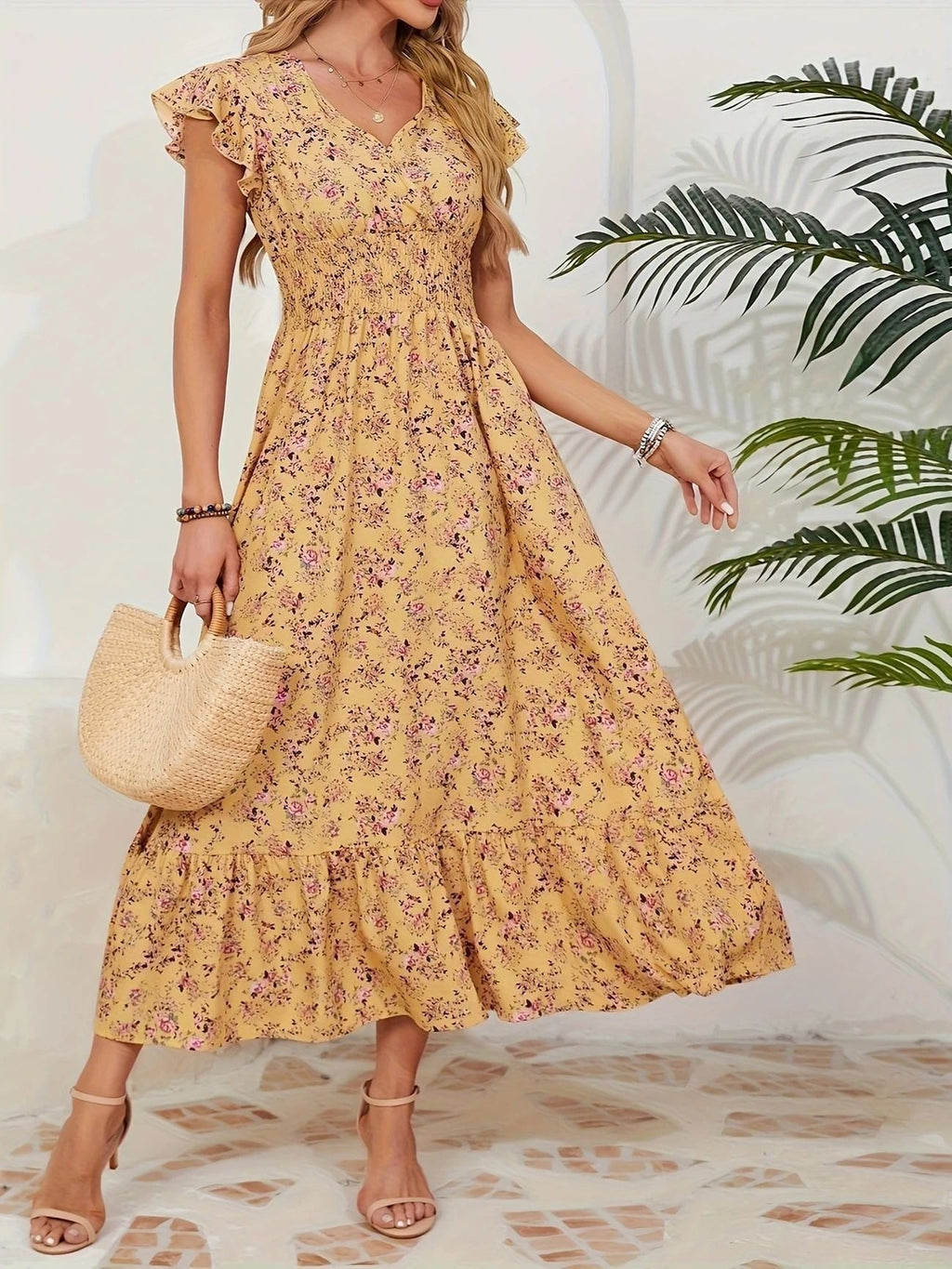 Noreen | Womens Floral Wedding Guest V Neck A Line Maxi Summer Dress, Yellow