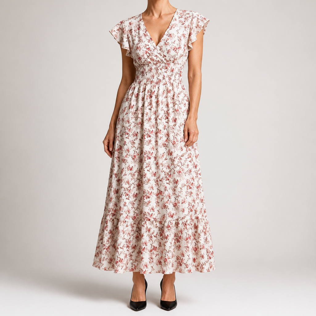 Noreen | Womens Floral Wedding Guest V Neck A Line Maxi Summer Dress, Pink