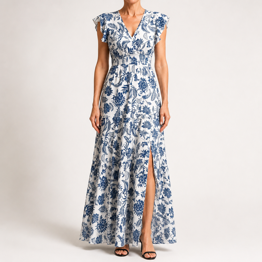 Noreen | Womens Floral Wedding Guest V Neck A Line Maxi Summer Dress, Blue