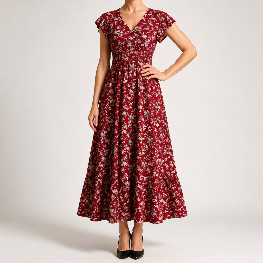 Noreen | Womens Floral Wedding Guest V Neck A Line Maxi Summer Dress, Red