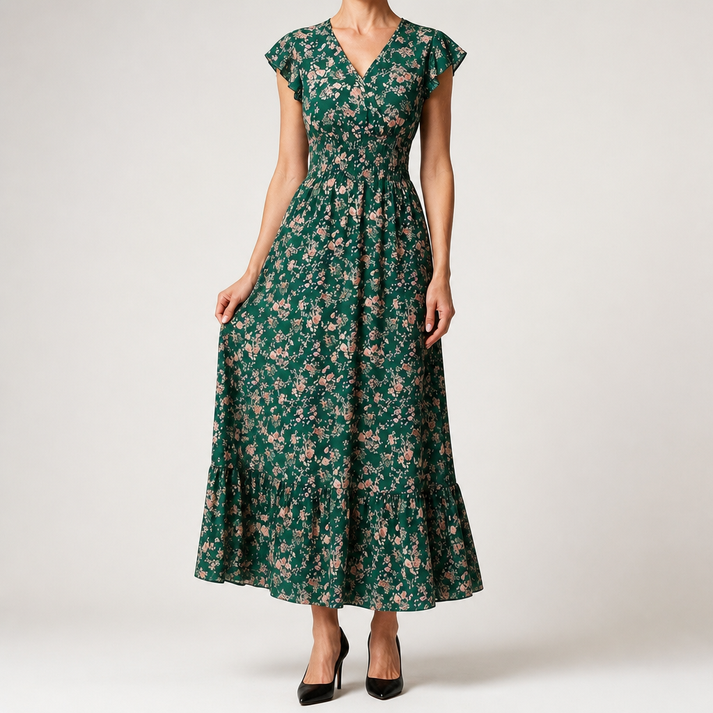 Noreen | Womens Floral Wedding Guest V Neck A Line Maxi Summer Dress, Green