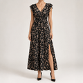 Noreen | Womens Floral Wedding Guest V Neck A Line Maxi Summer Dress, Black