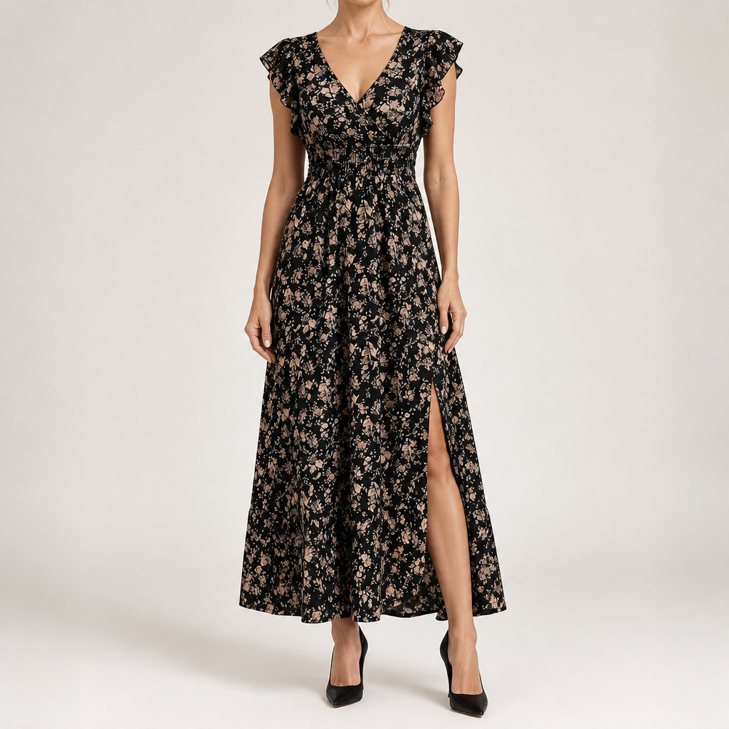 Noreen | Womens Floral Wedding Guest V Neck A Line Maxi Summer Dress, Black