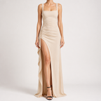Ondine | Womens Wedding Guest Maxi Strapless Backless High Slit Dresses, Apricot