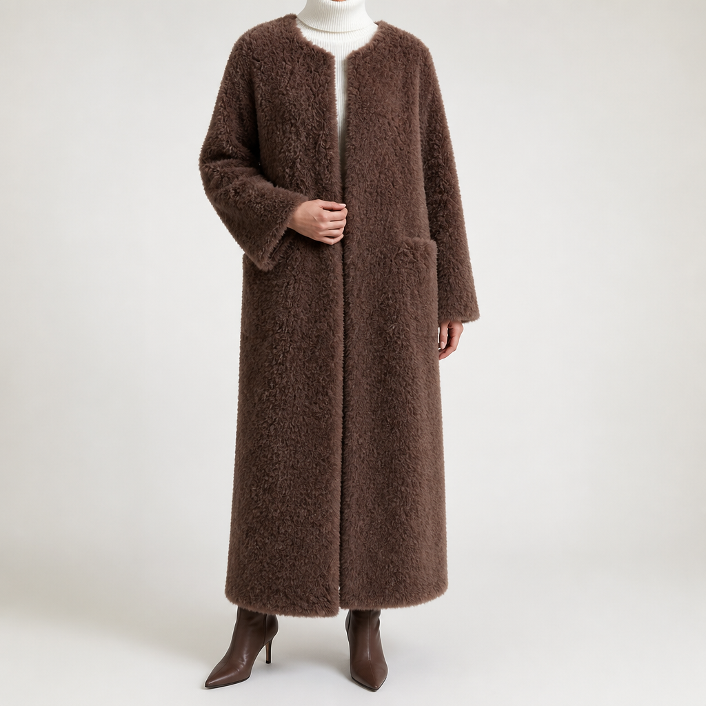 Ophelia | Womens Faux Fur Longline Warm Winter Coat, Brown