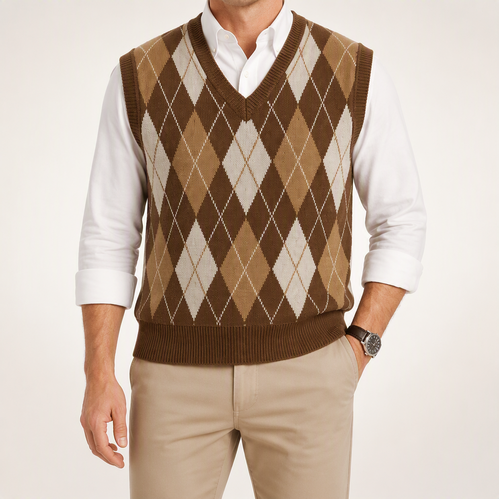 Orson | Mens Argyle V Neck Knitted Jumper Sweater Vest, Coffee