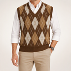 Orson | Mens Argyle V Neck Knitted Jumper Sweater Vest, Coffee