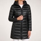 Pascal | Womens Puffer Jacket Hooded Longline Lightweight Long Puffer Coat, Black
