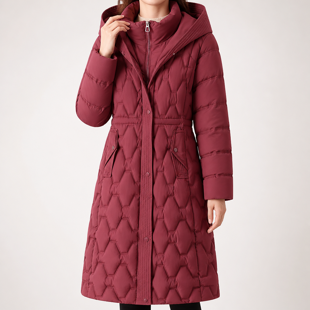 Patrice | Womens Padded Warm Winter Long Puffer Coat, Red