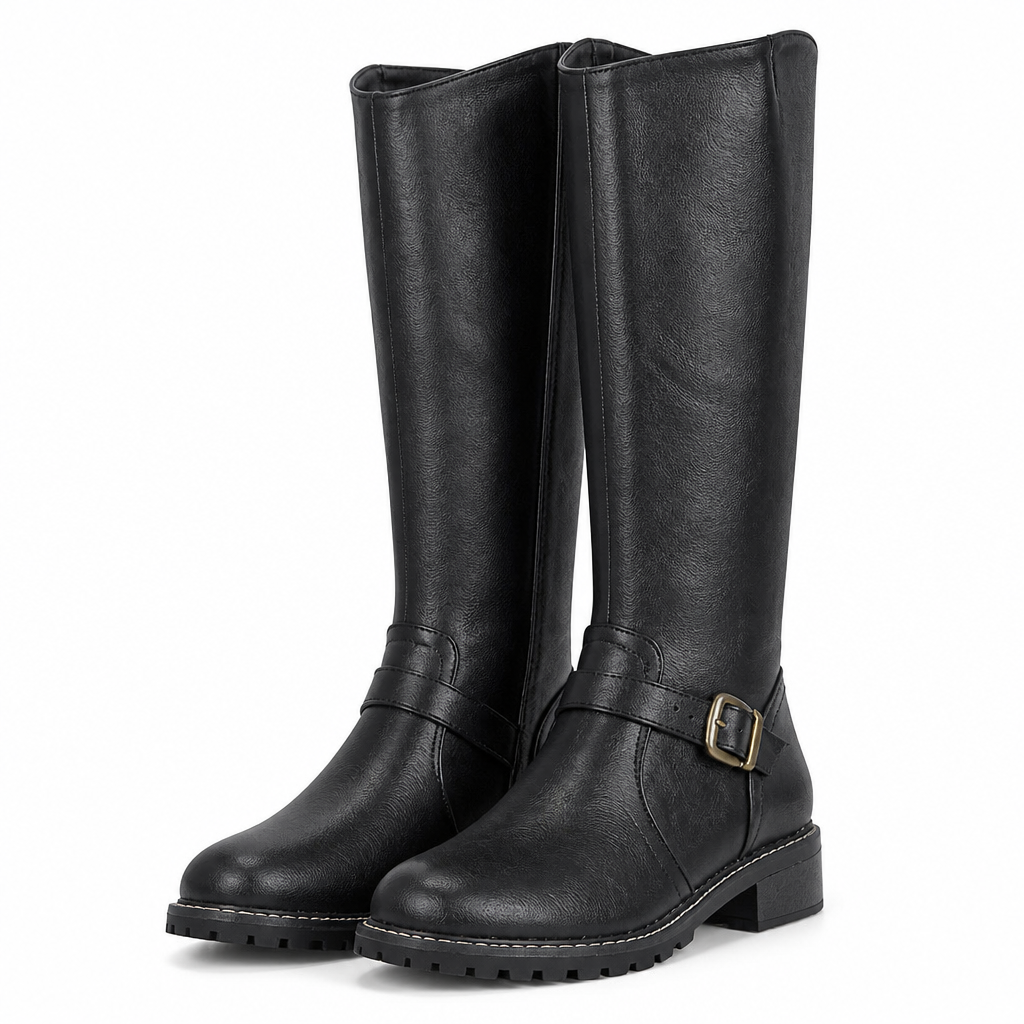 Pauline | Womens Leather Knee High Biker Boots Heeled Riding Footwear