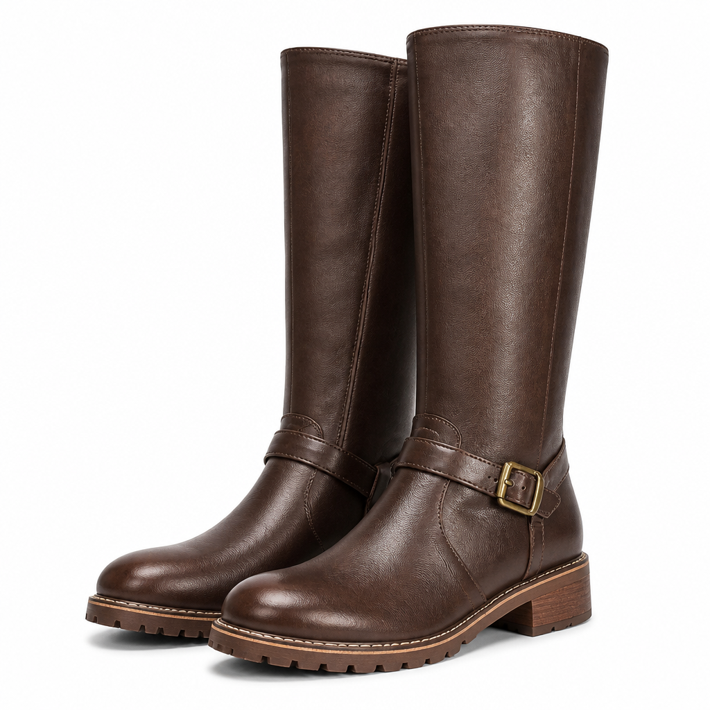 Pauline | Womens Leather Knee High Biker Boots Heeled Riding Footwear