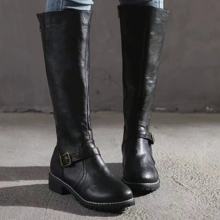 Pauline | Womens Leather Knee High Biker Boots Heeled Riding Footwear