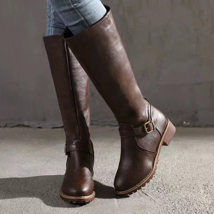 Pauline | Womens Leather Knee High Biker Boots Heeled Riding Footwear