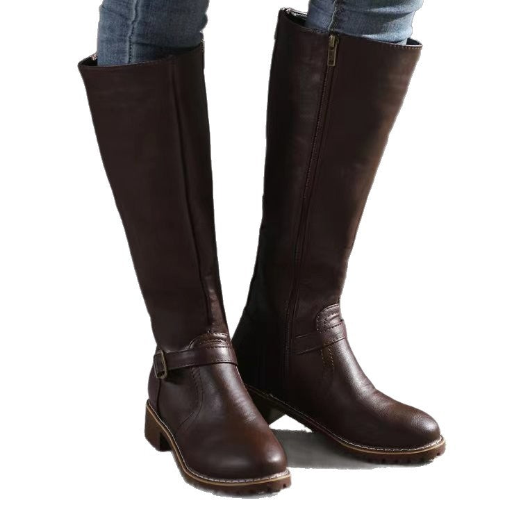 Pauline | Womens Leather Knee High Biker Boots Heeled Riding Footwear